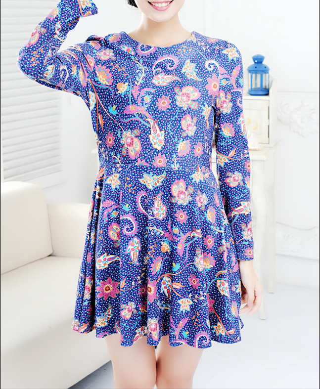 Blue Floral Printed Bodycon Dress